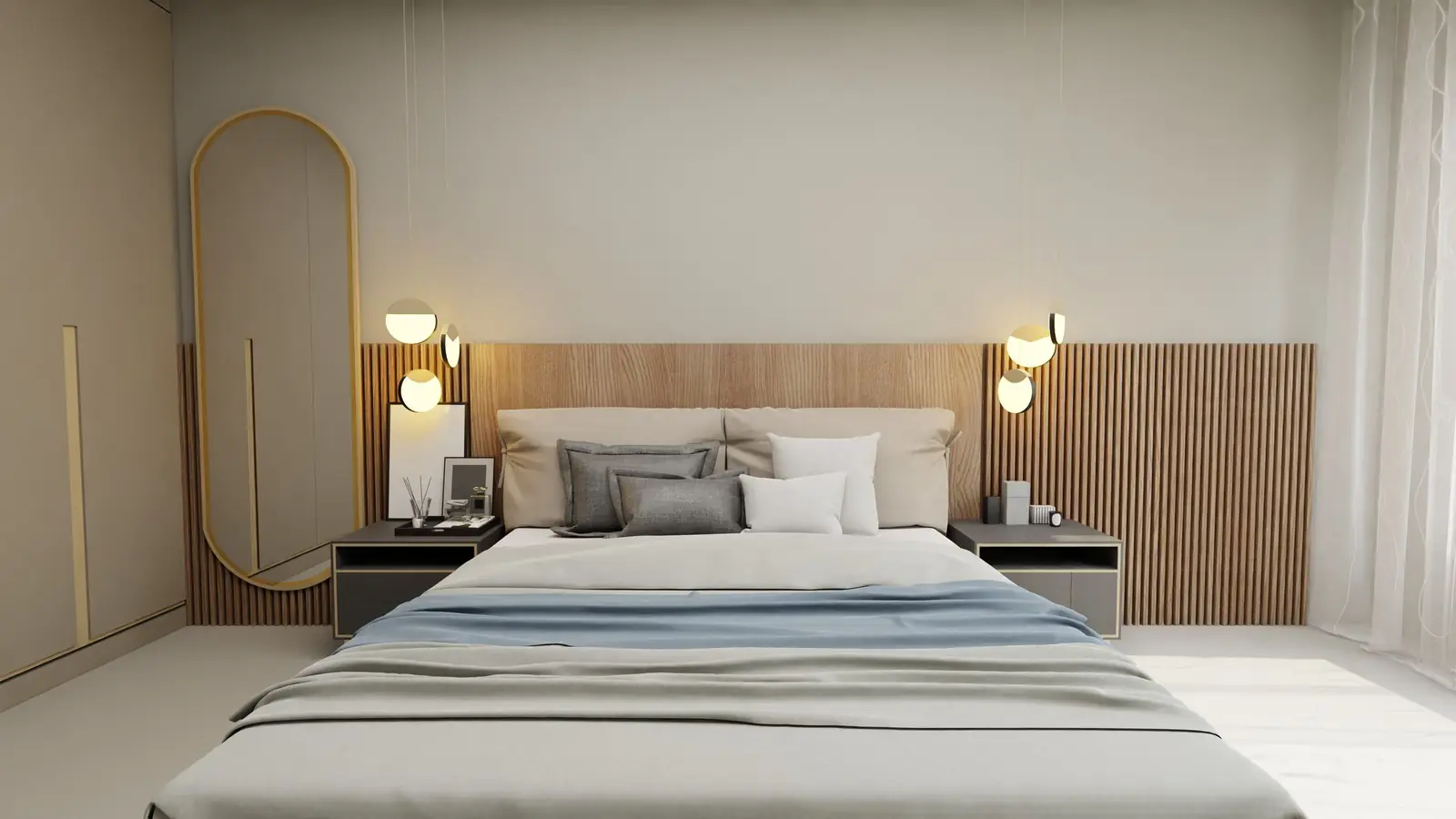 Kamar tidur dengan panel kisi kayu di dinding kepala ranjang